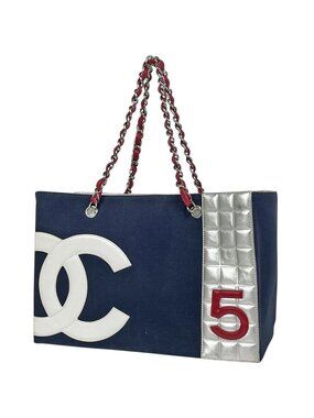 Chanel CC Logo Chain Tote No5 Choco Bar Canvas Navy Silver